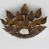 Sun ceiling light, foliage ceiling light in gold metal, vintage ceiling light. 70s