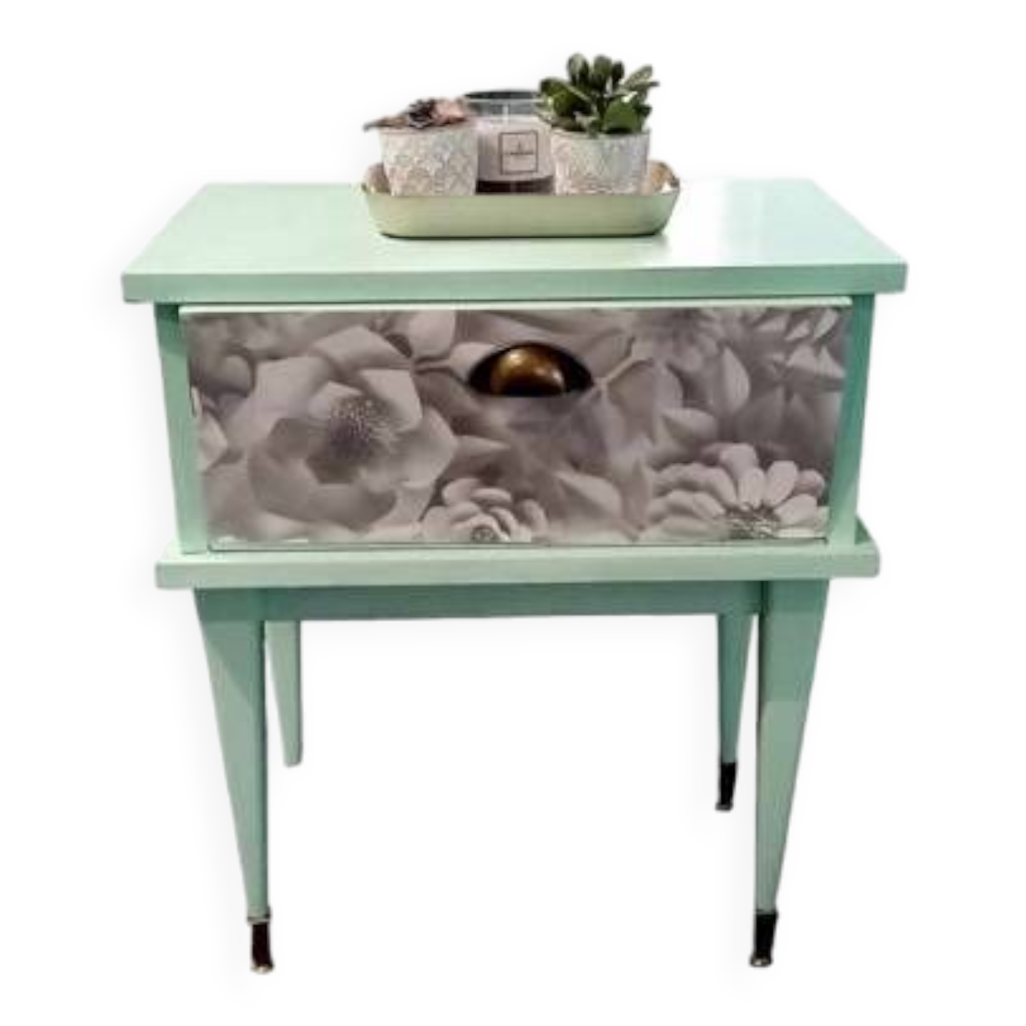 Vintage bedside table with compass feet