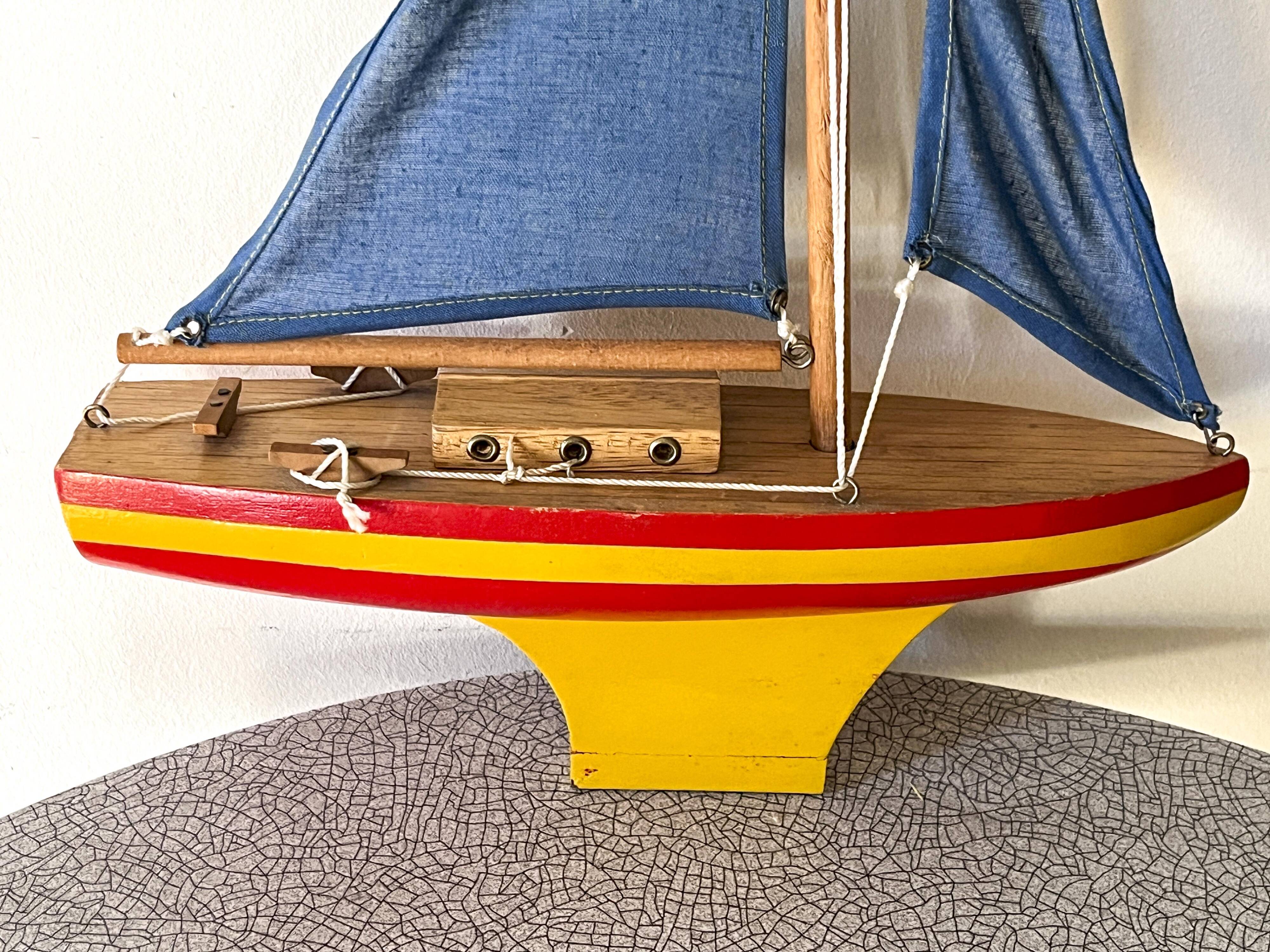 Wooden sailboat, cotton sails, vintage toy