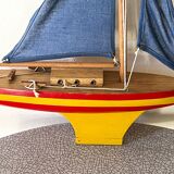 Wooden sailboat, cotton sails, vintage toy