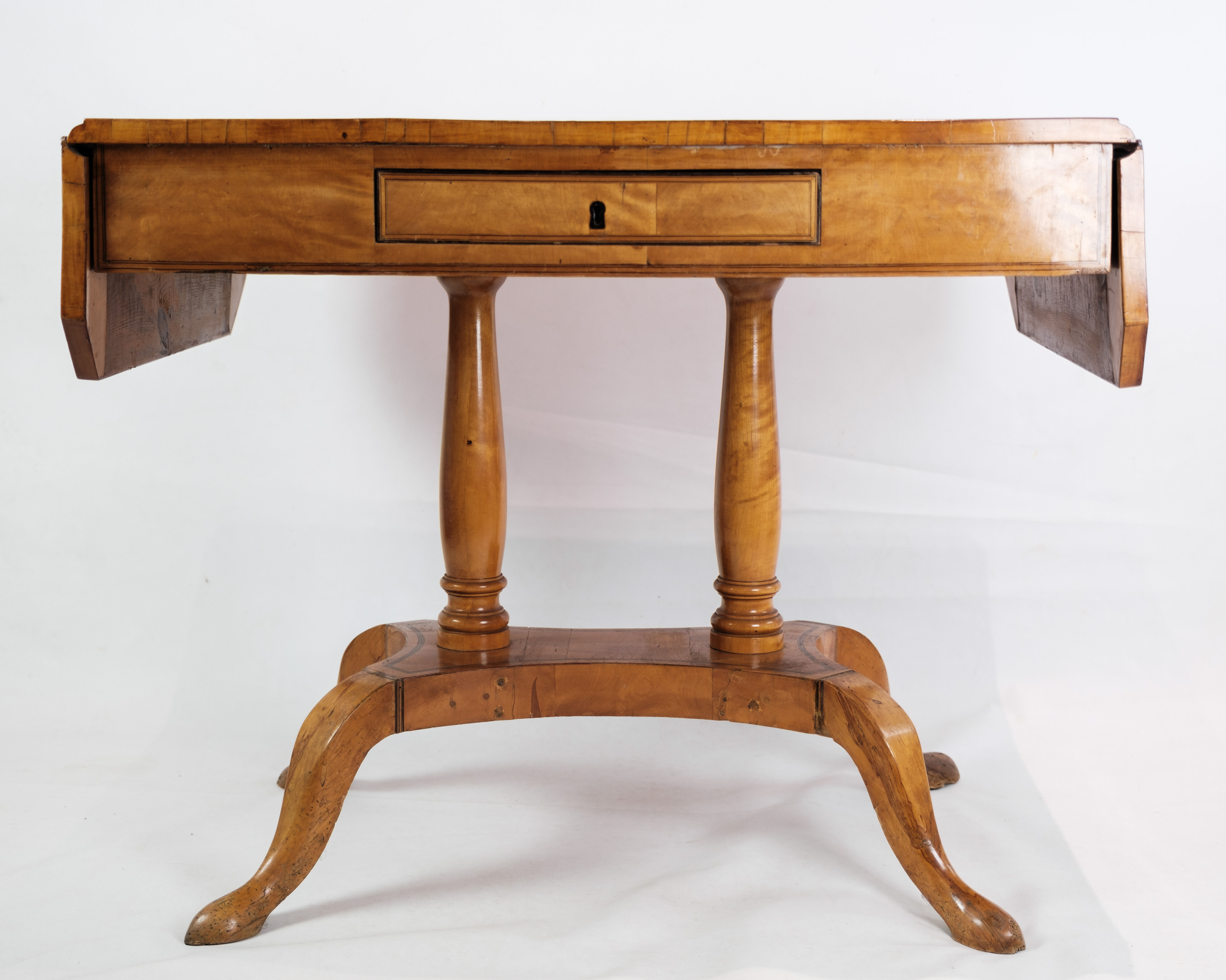 Antique Empire Table with Flaps and Marquetry in Birch Wood from 1840s