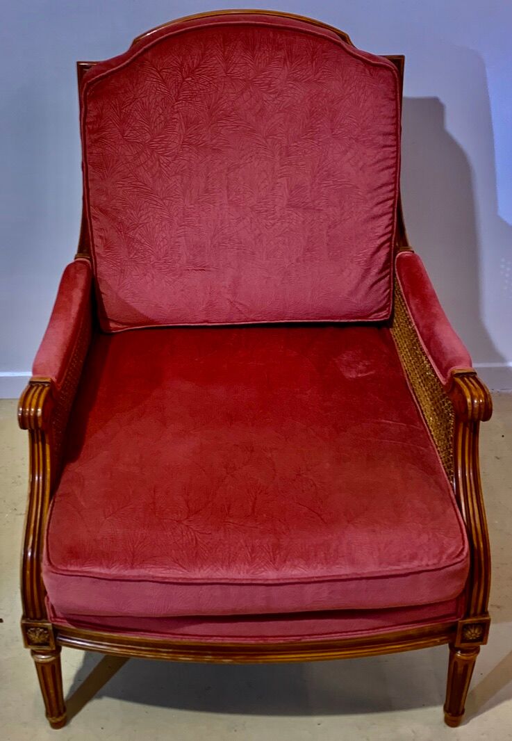 Pair of armchairs in cannage and pink velvet