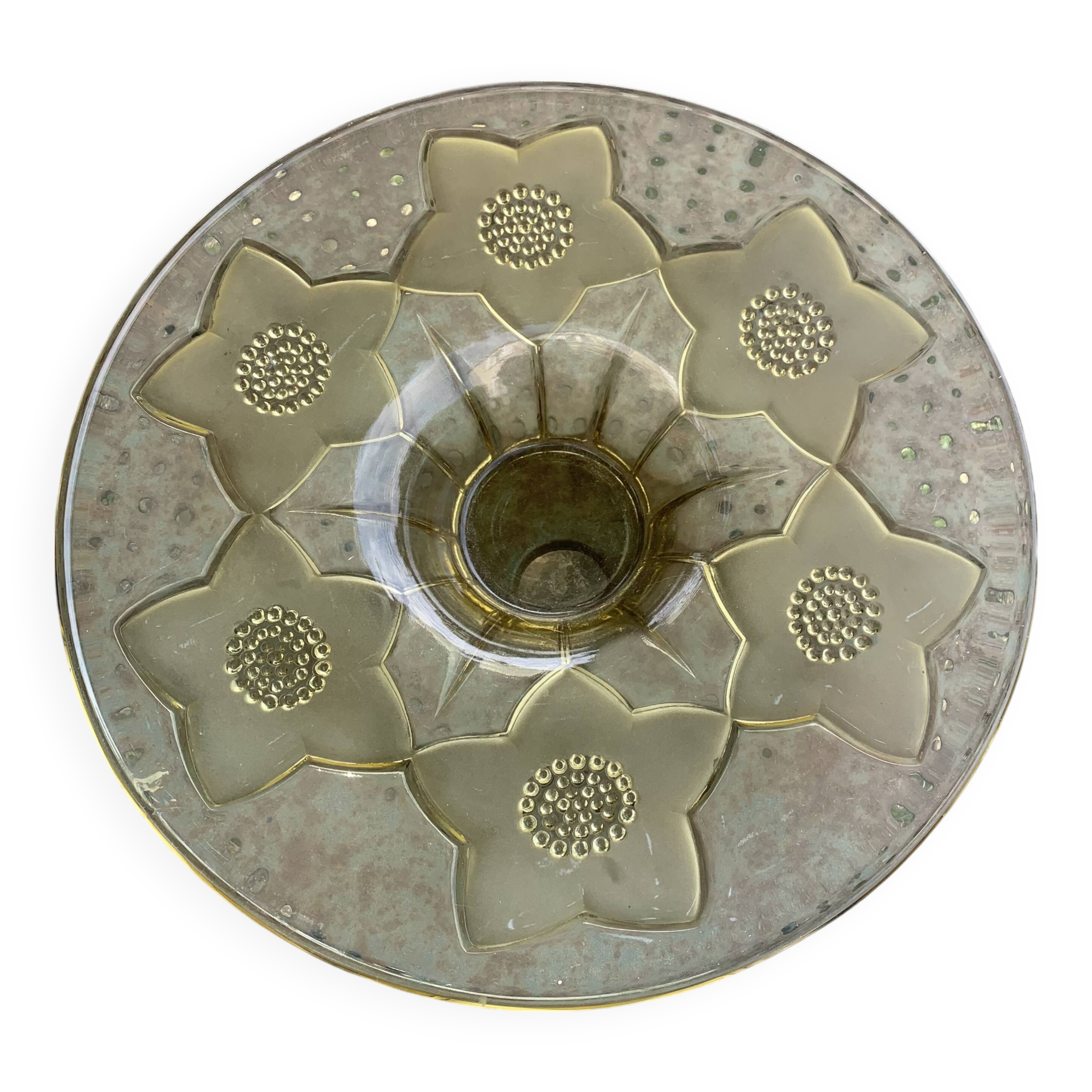 Large glass and frosted glass fruit bowl, yellow, floral pattern