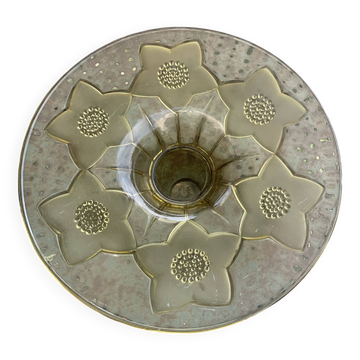 Large glass and frosted glass fruit bowl, yellow, floral pattern
