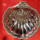 Silver-plated metal scallop butter dish and white glass bowl