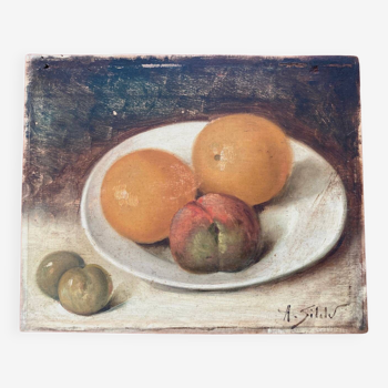 Tableau ancien : assiette de fruits