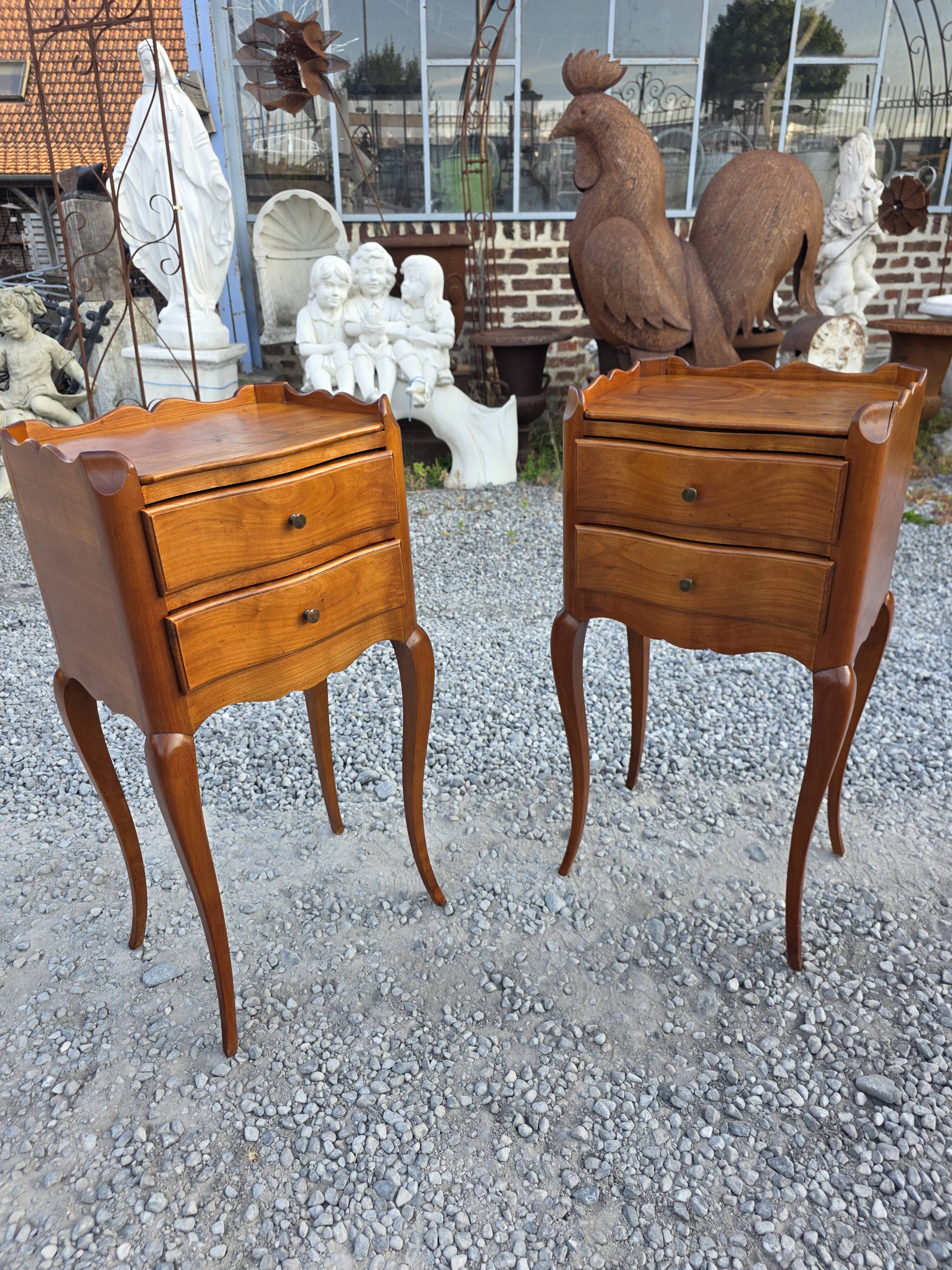 Pair of Louis XV style bedside tables in solid cherry wood.