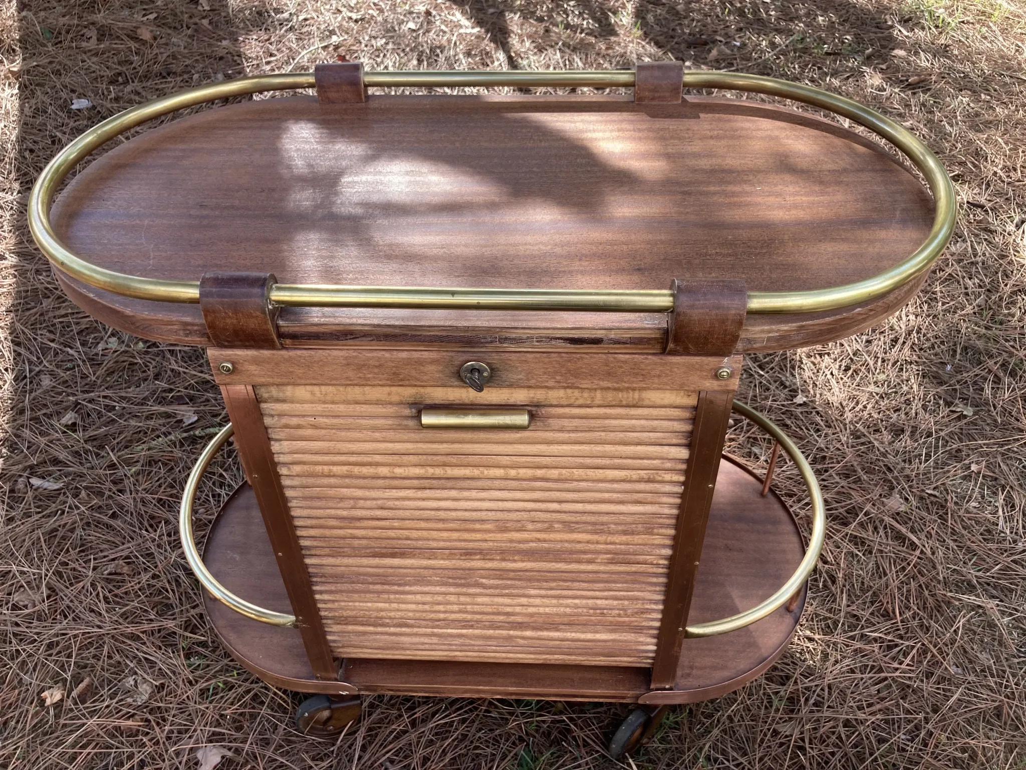 Vintage wooden and brass rolling dessert trolley – 1950s/60s
