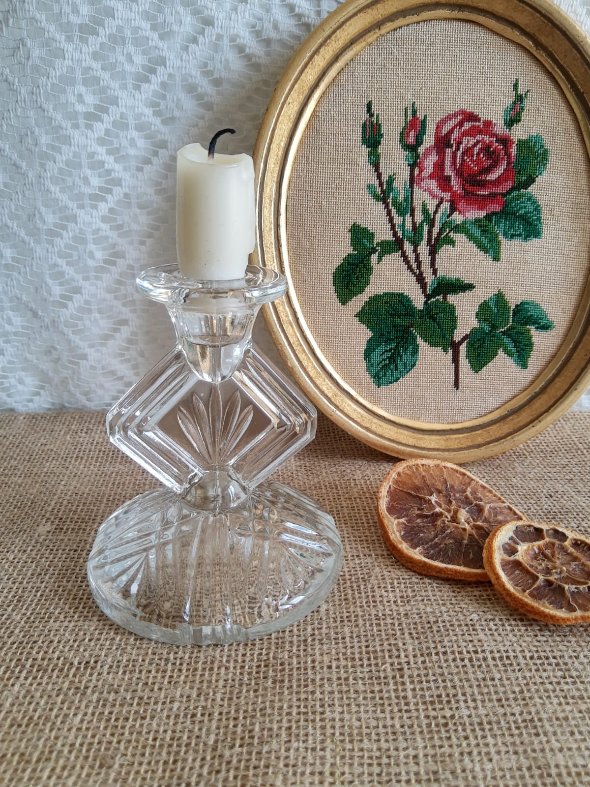 Art Deco chiseled glass candle holder - vintage