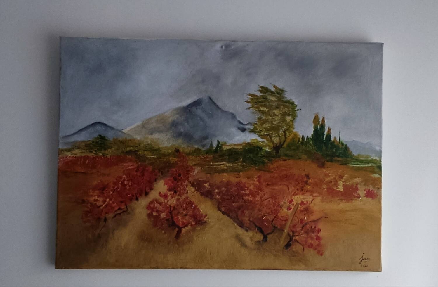 Textured autumn landscape painting – signed Jane – 70x50 cm