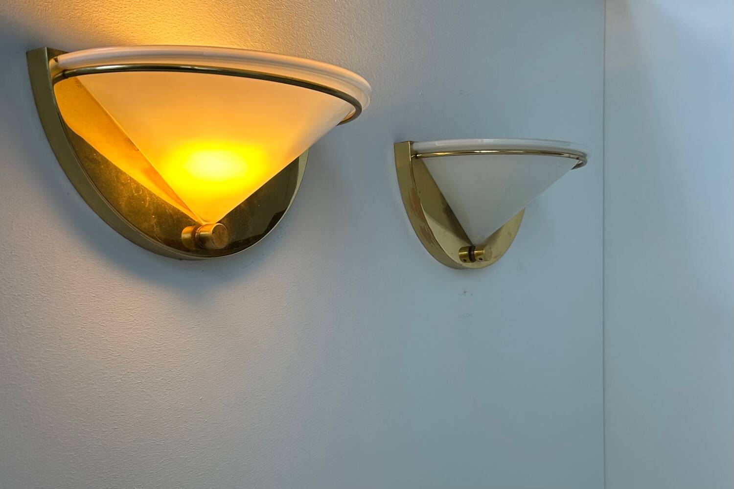 Pair of vintage wall lights, brass and opaline glass, Italy 1970