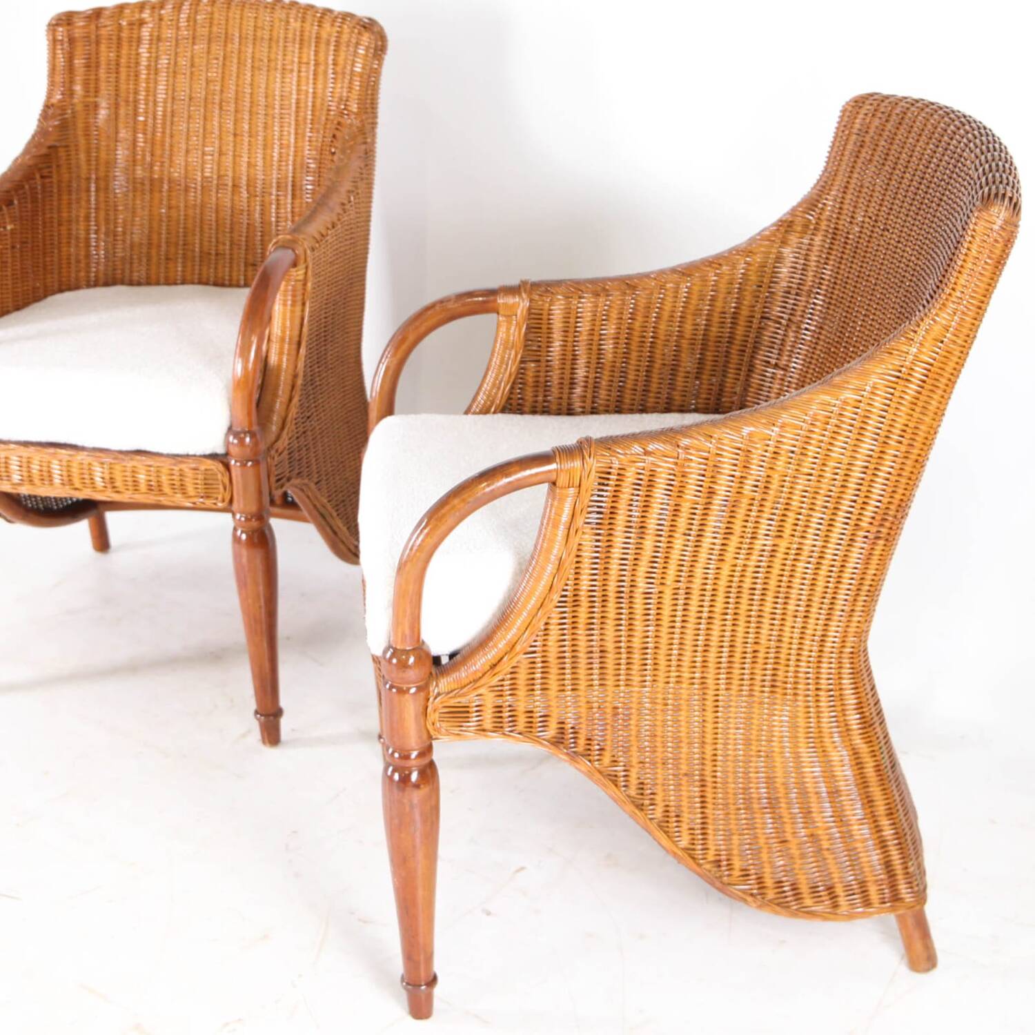 Pair of wooden and wicker armchairs