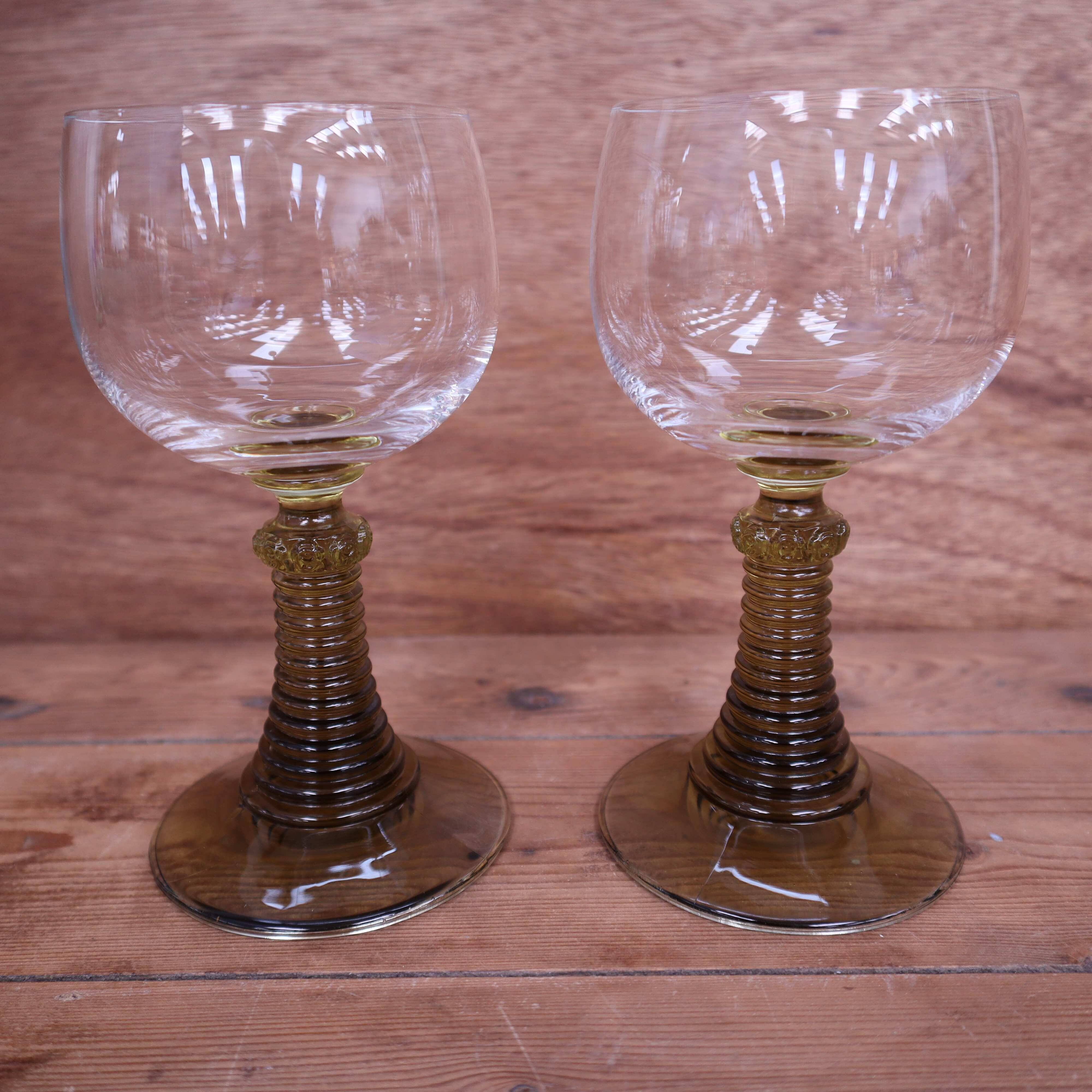 2 Roemer style wine glasses with olive green stem