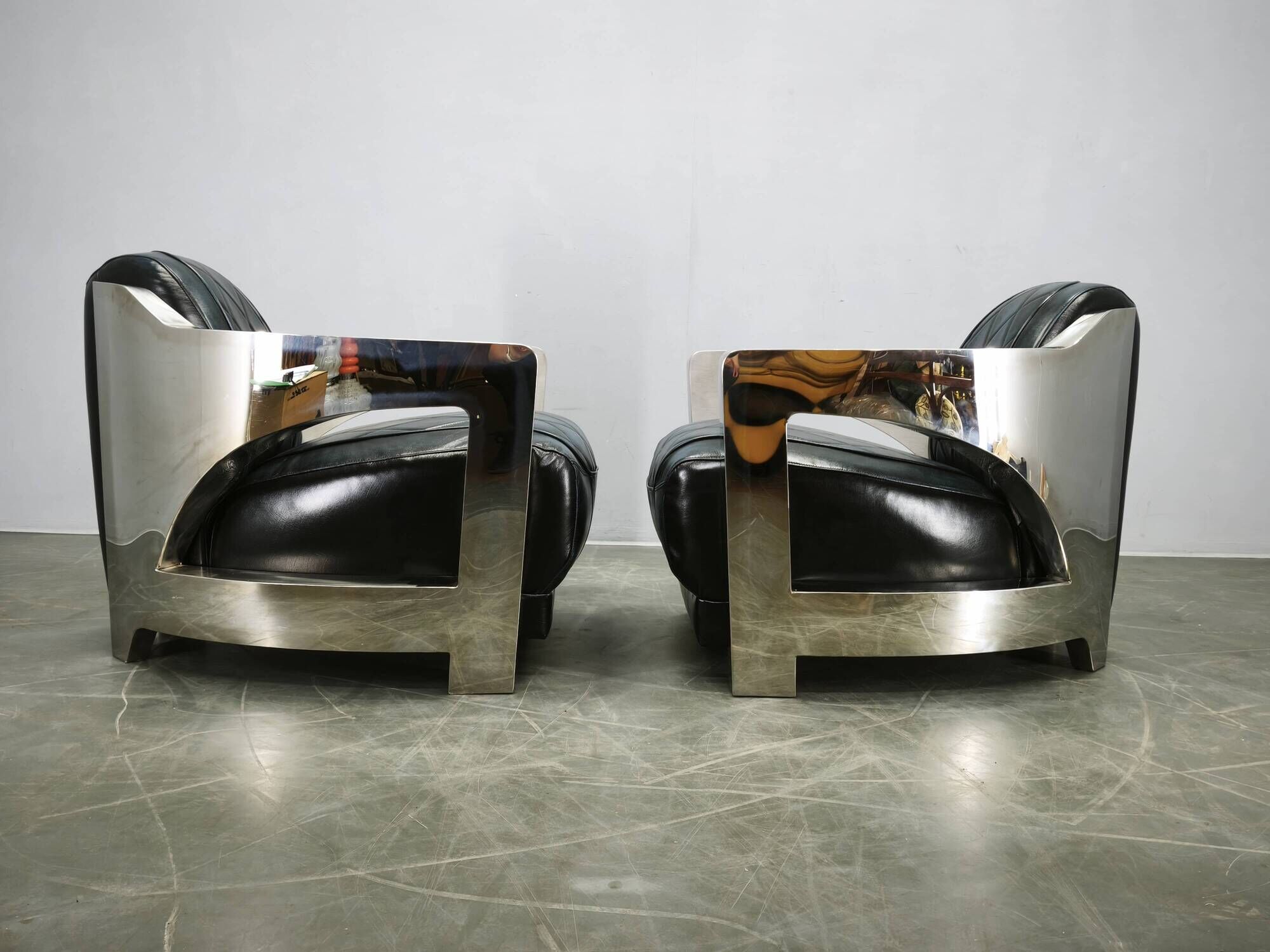 Pair of Timothy Oulton Aviator Leather and Steel Armchairs 1990s