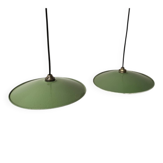 Pair of enamelled metal pendant lights