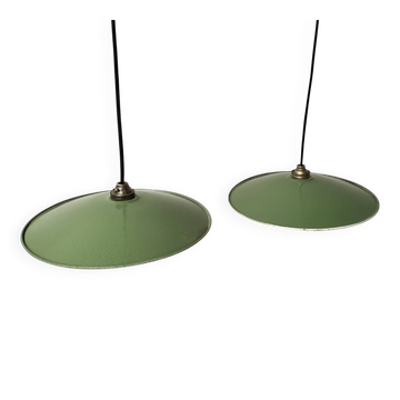 Pair of enamelled metal pendant lights