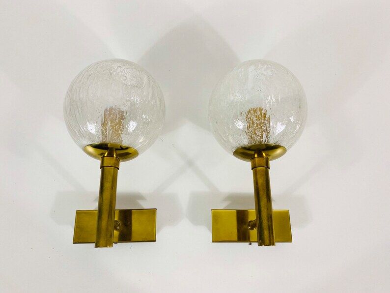 Pair of wall lamps in brass and glass Hillebrand, Germany 1960