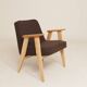 Fauteuil rétro en tissu en laine cacao, bois de hêtre naturel