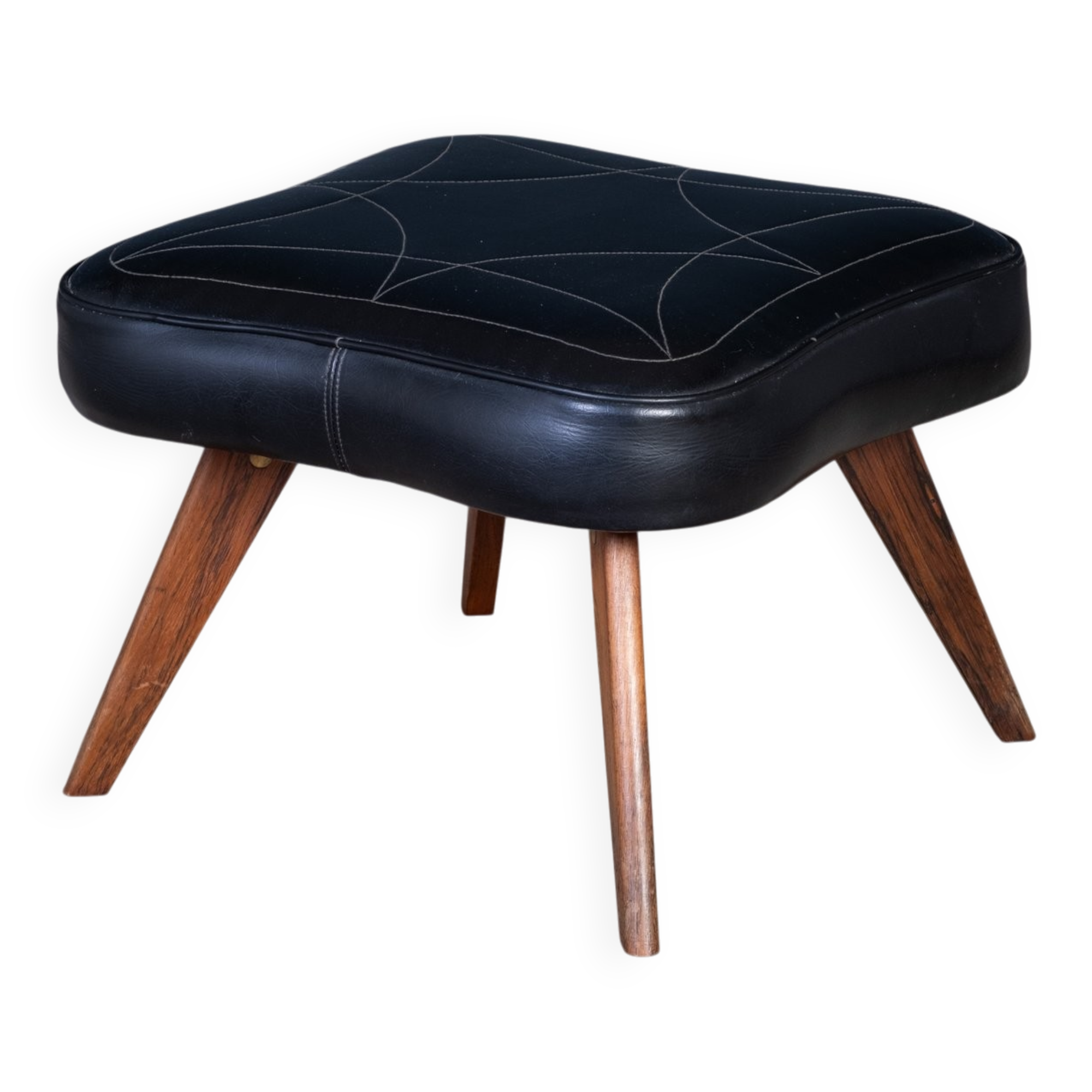 Mid-Century Teak Stool with Black Leather Seat, Denmark, 1960s