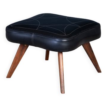 Tabouret Mid-Century en Teck avec Siège en Cuir Noir, Danemark, 1960s