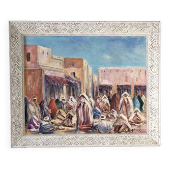 Bruno retaux "the souk in marrakech, place jemaa el-fna" oil on canvas signed