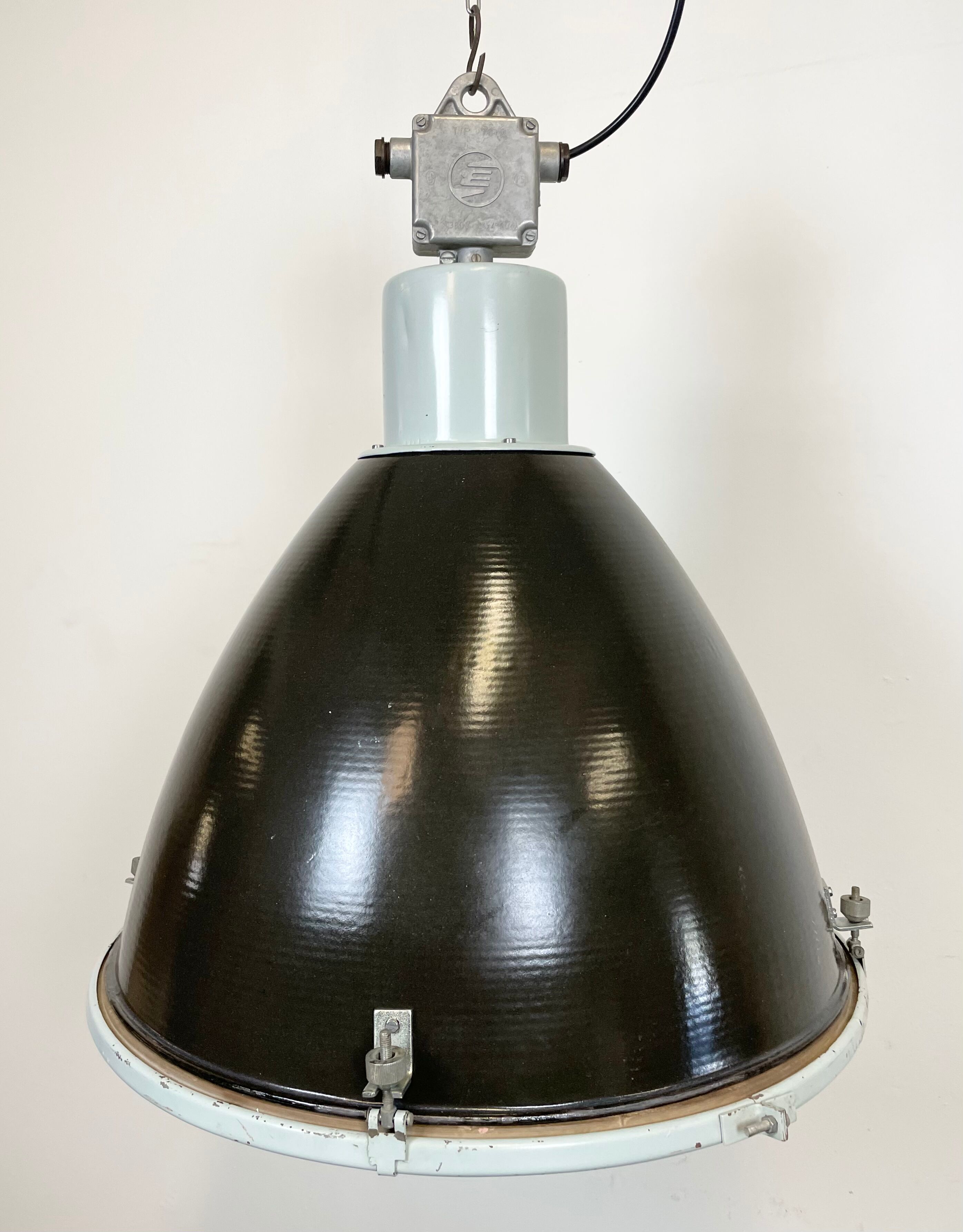 Industrial black enamel factory lamp with glass cover, 1960s