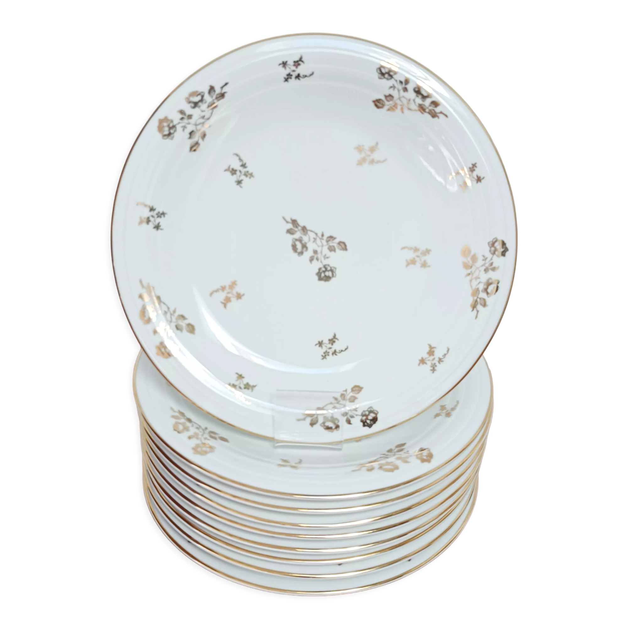 Set of 9 flat plates in Limoges porcelain, white and gold