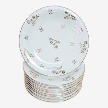 Set of 9 flat plates in Limoges porcelain, white and gold