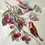 Lithograph v. sartonj cherries and small birds oak frame 50s