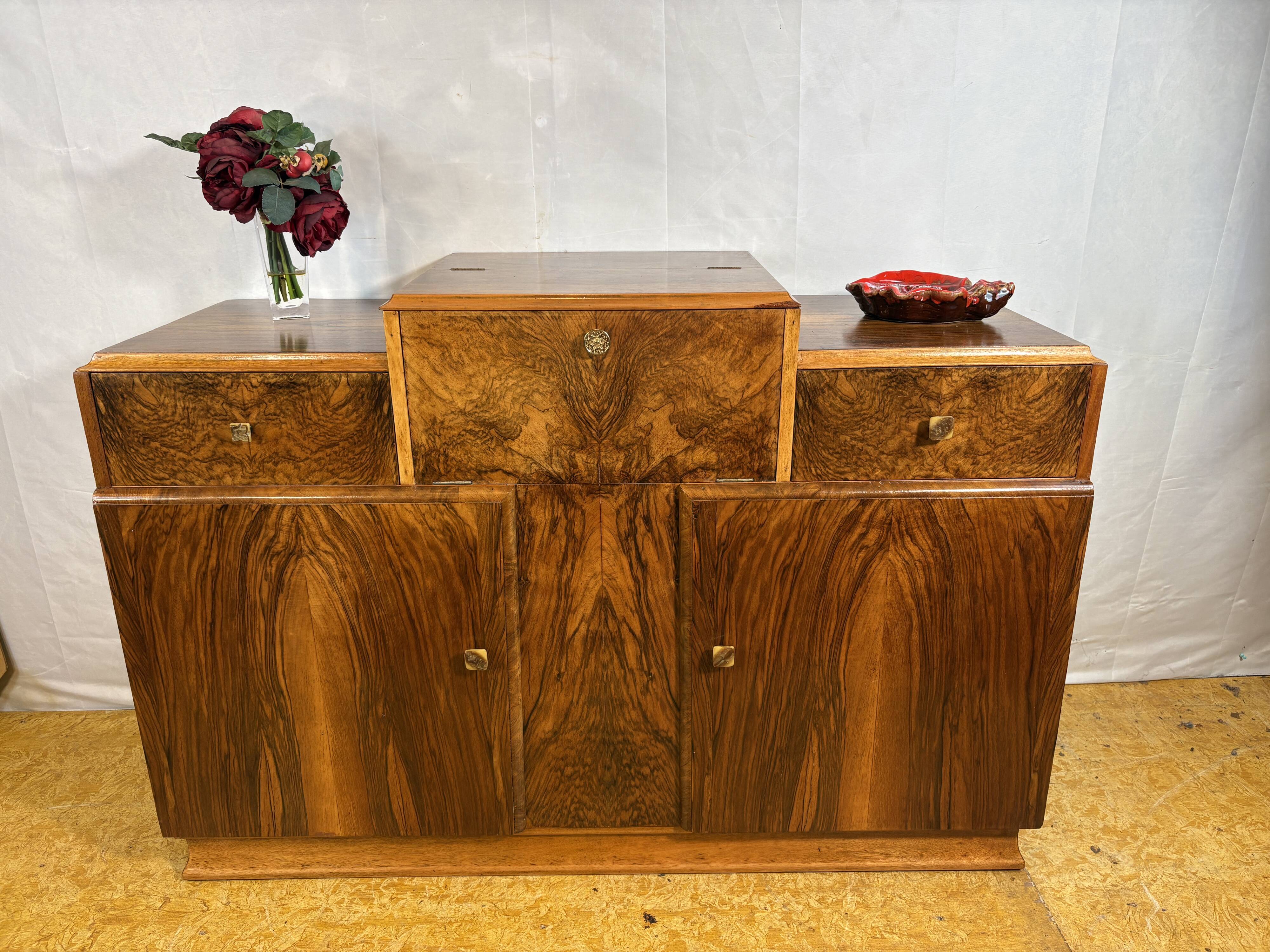 Art Deco English Burr Walnut Cocktail Sideboard – Circa 1930s  A stunning o