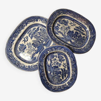 3 plats de service crown pottery jt hudden longton garantis, motif de saule,
willow pattern xixe