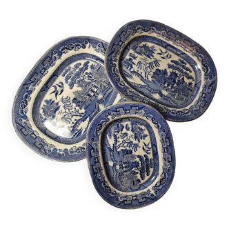 3 plats de service crown pottery jt hudden longton garantis, motif de saule,
willow pattern xixe