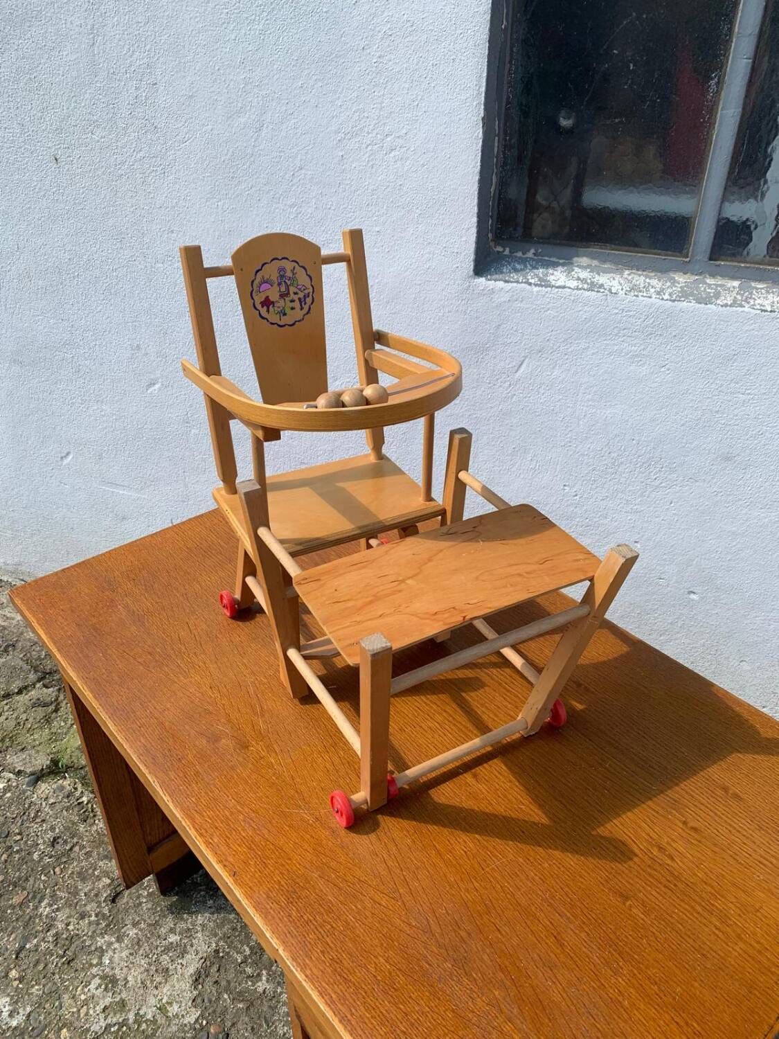 Vintage wooden toy doll high chair from the 70s