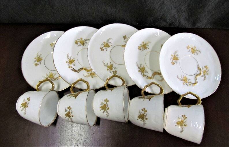 5 X Antique Limoges Porcelain Coffee Cups pairs Gold Ribbon Handle, 1890s