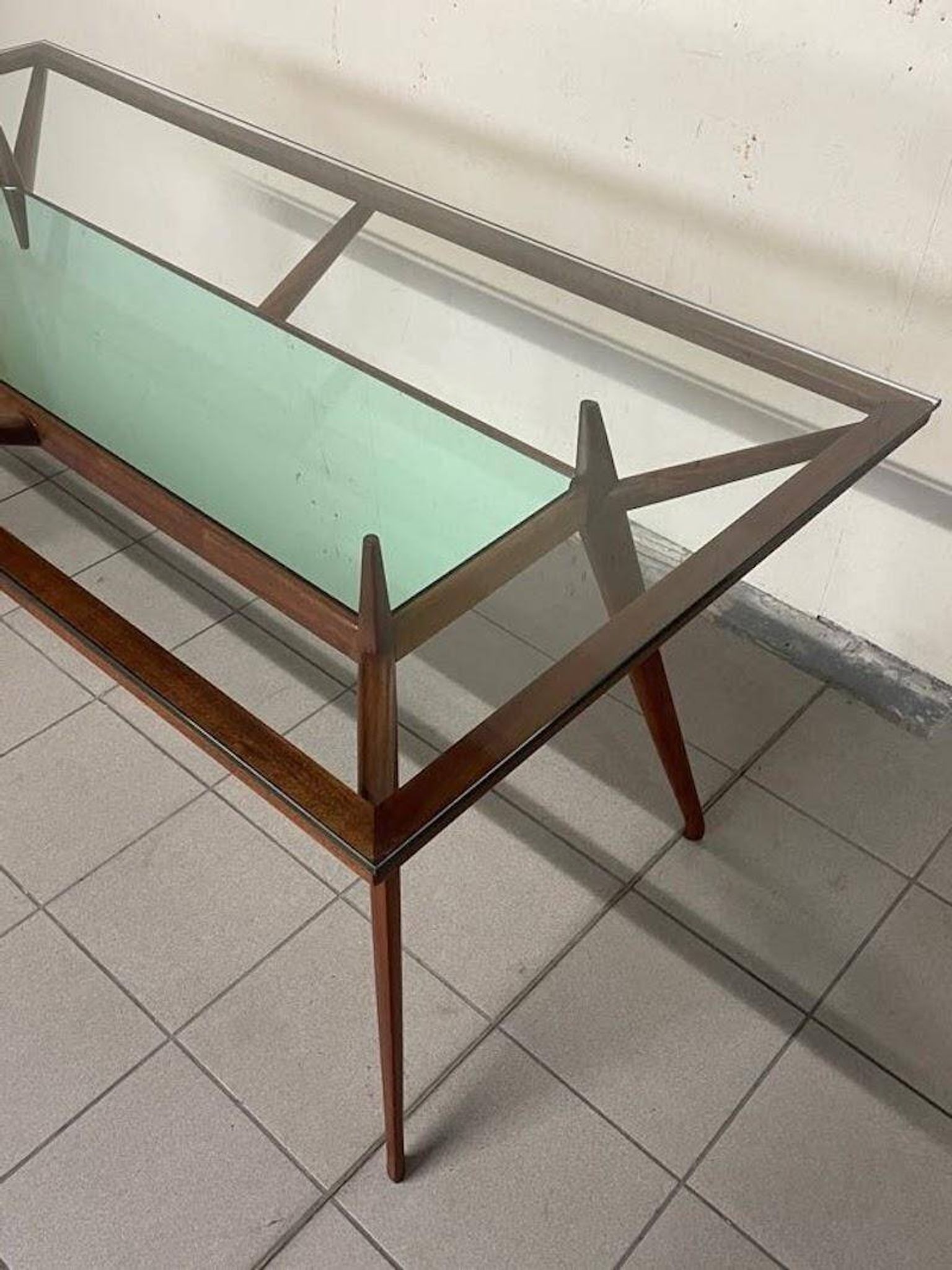 1950s Italian Wooden Table with Double Glass Top