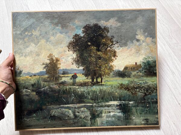 Paysage impressionniste ancien – Étang et campagne – Huile sur Toile