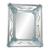 Miroir vénitien rectangulaire bleu clair sculpté à la main en verre de Murano