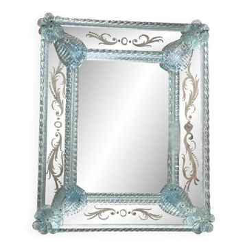 Venetian Rectangular Light-Blue Floreal Hand-Carving Mirror in Murano Glass Style