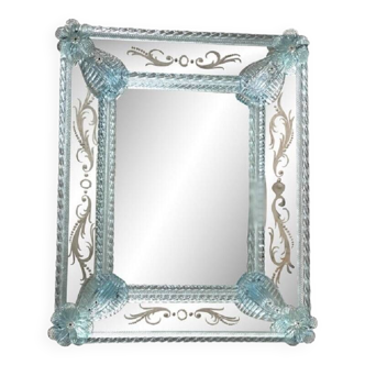 Venetian Rectangular Light-Blue Floreal Hand-Carving Mirror in Murano Glass Style