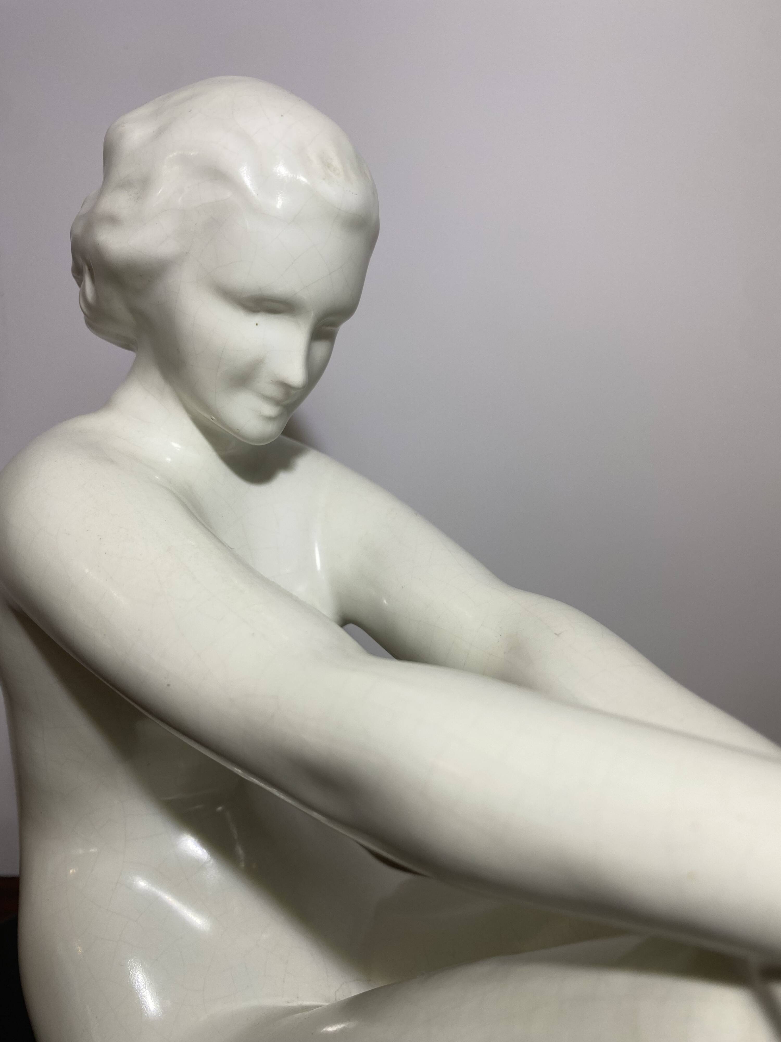 Ancient sculpture ODYV – Faïencerie de Vierzon – Art Deco seated woman