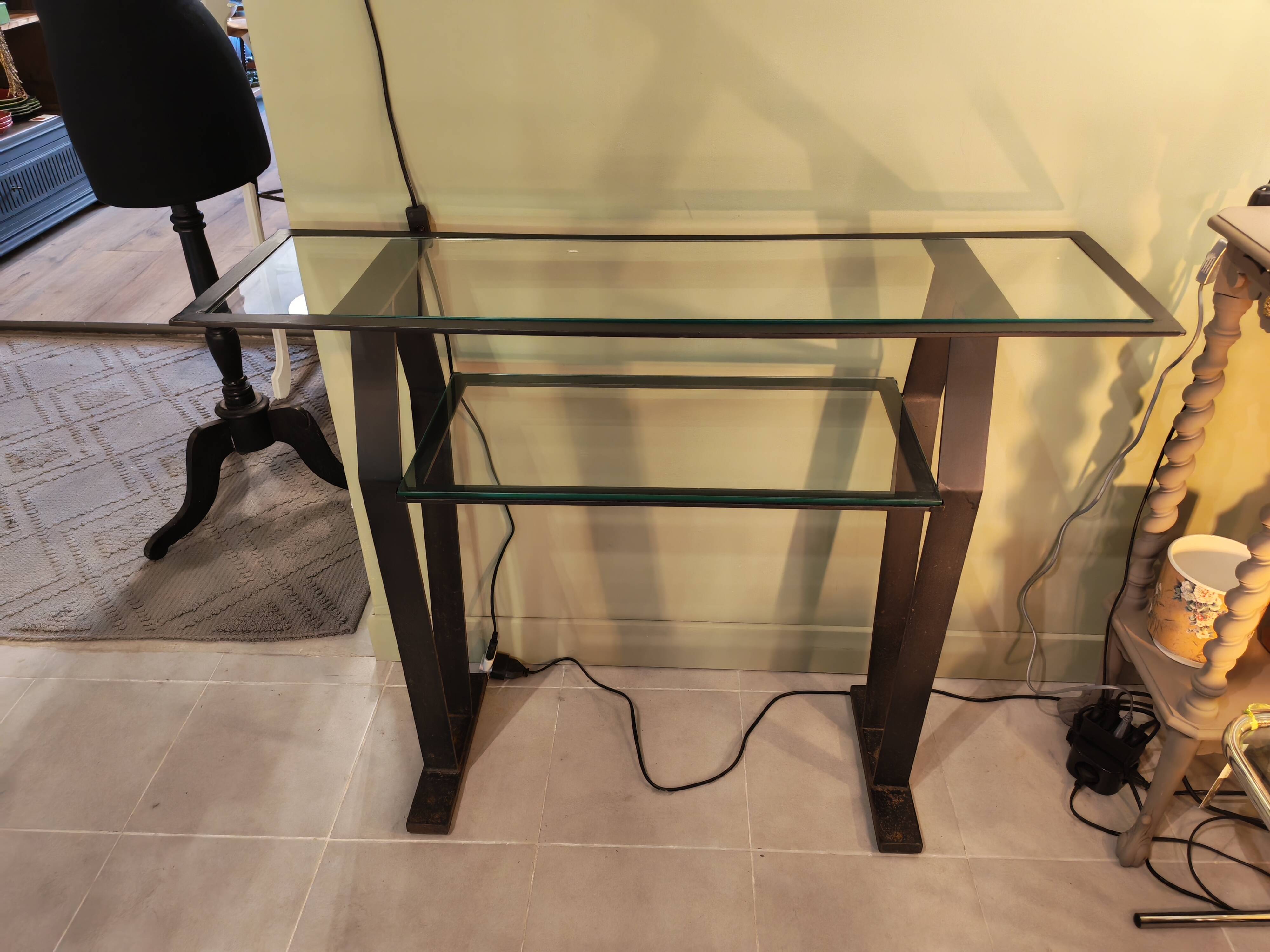 Vintage metal and glass console