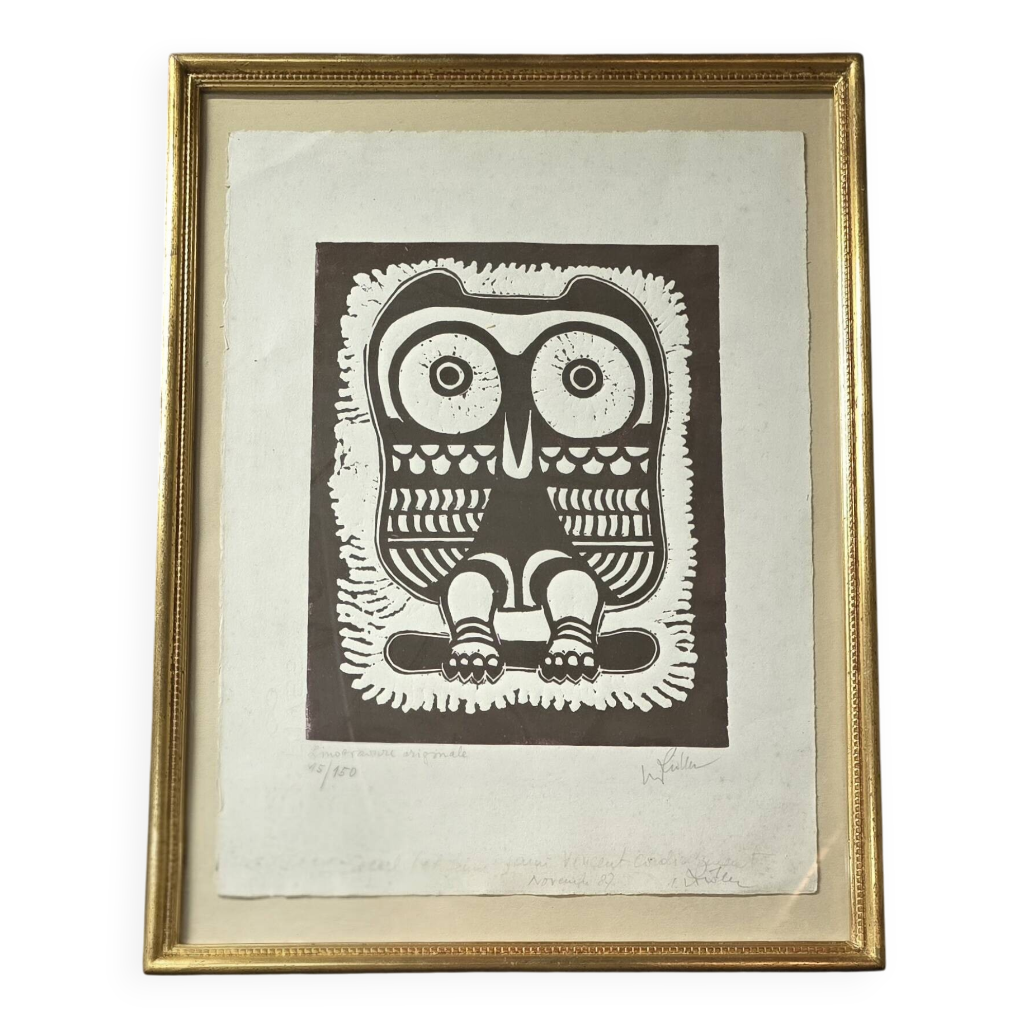 Eugène Fidler (1910-1990) Linocut "The Owl" 1987