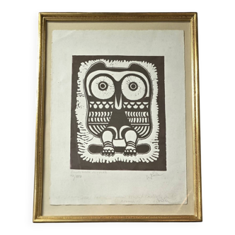 Eugène Fidler (1910-1990) Linogravure "La chouette" 1987