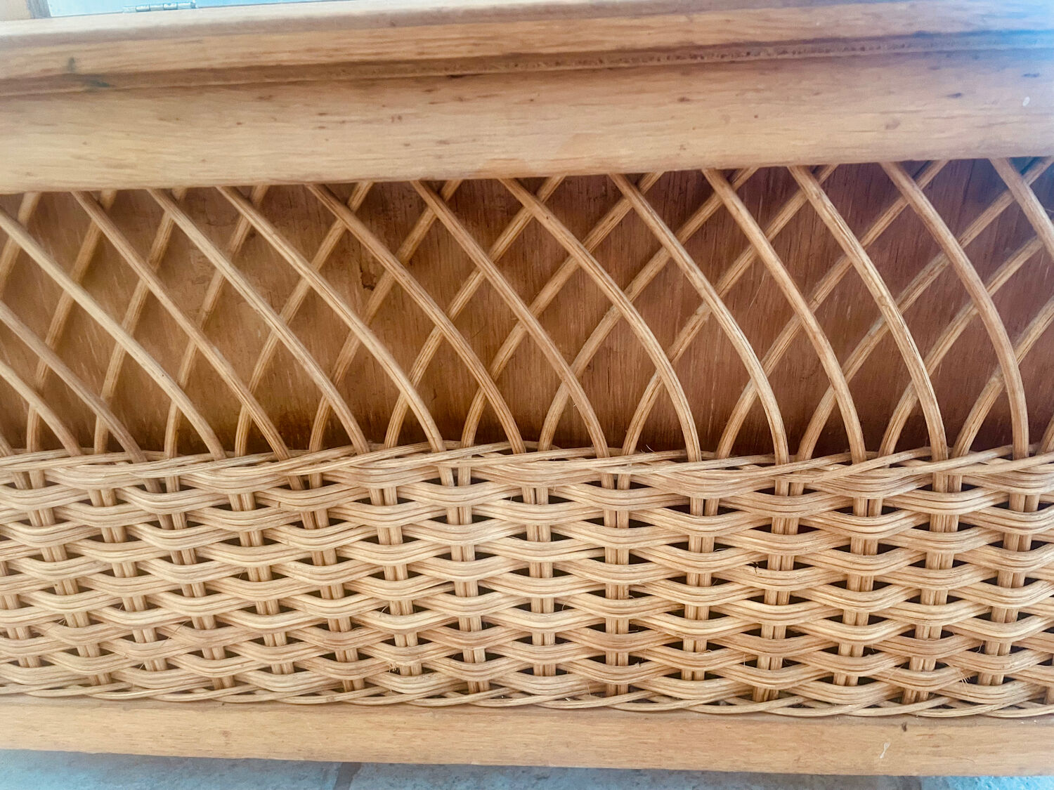 Wooden and rattan toy chest bench