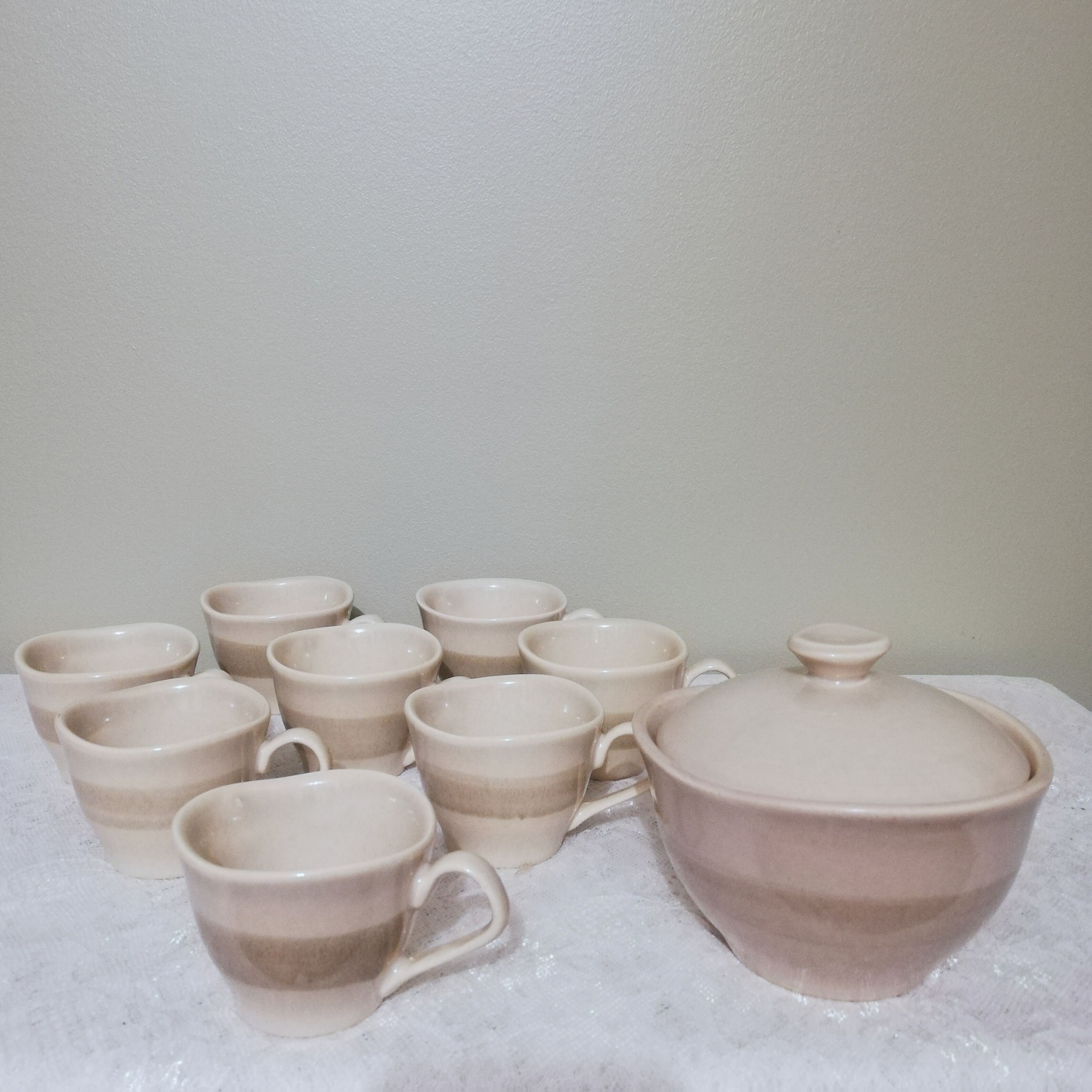 Coffee set 8 cups and sugar bowl from the earthenware factory of Pornic