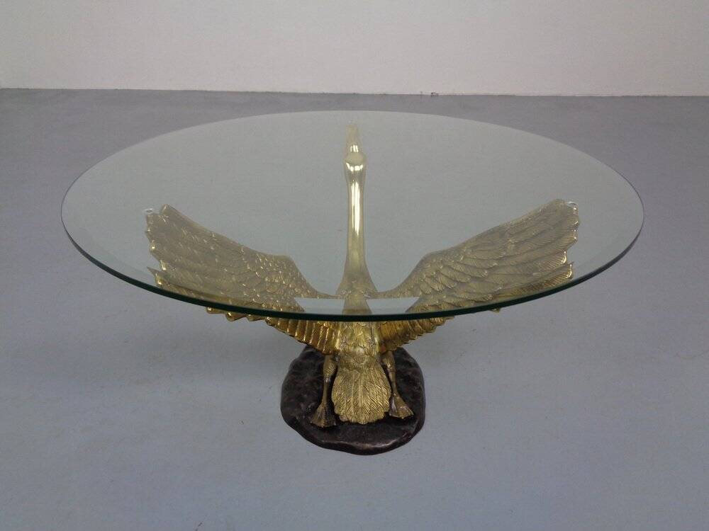 French Swan Coffee Table in Brass and Glass, 1960s