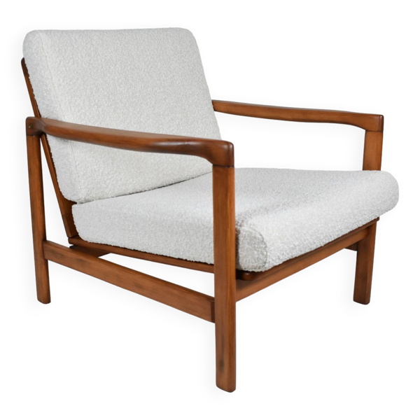 Fauteuil bouclé original Baczyk, restauré, blanc, teck