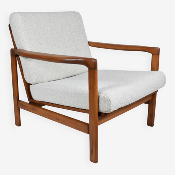 Original bouclé armchair Baczyk, restored, white, teak