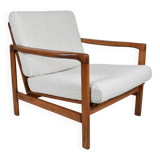 Fauteuil bouclé original Baczyk, restauré, blanc, teck