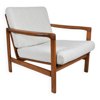 Original bouclé armchair Baczyk, restored, white, teak